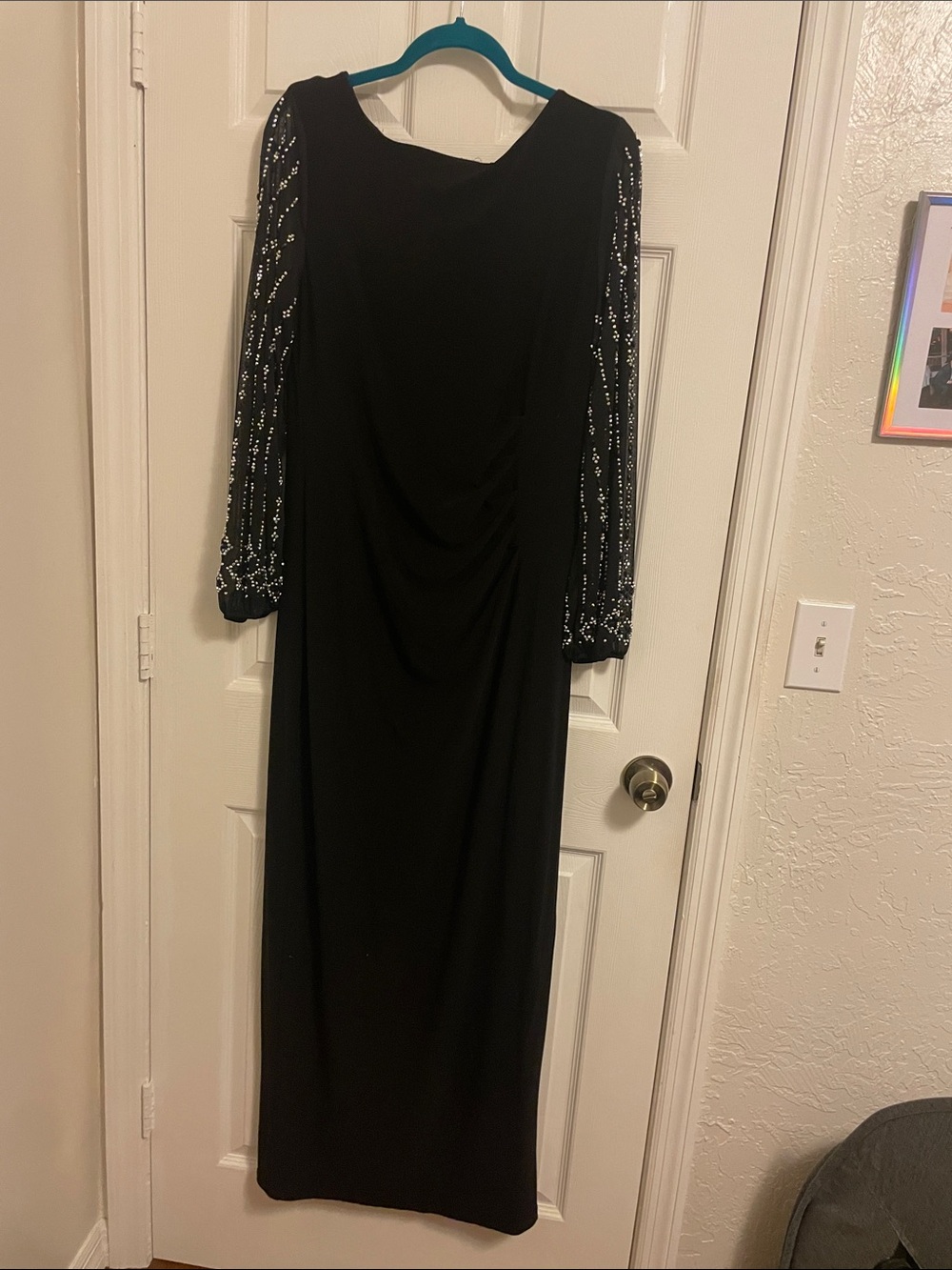MARINA Black Long-Sleeve Sequin-Sleeve Evening Gown